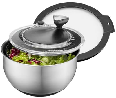 GEFU Salatschleuder 4,5 l - Edelstahl Salatschüssel mit Kurbelantrieb | 4-teiliges Set mit Schüssel, Sieb, Deckel & Frischhaltedeckel, Stopp-Button sowie rutschfestem Silikonboden