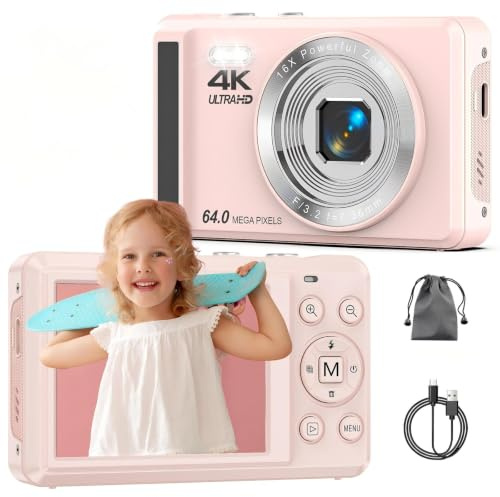 Digitalkamera 4K 64 MP mit Autofokus | Tragbare Kompaktkamera mit Mikro-SD-Karte, 1200mAh Batterie und USB-Kabel | Ideal für Teenager und Anfänger