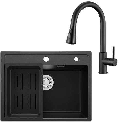 ANYCEE 60 x 46 cm Lavello Nero Granito con Arco Rubinetto Estraibile | Lavandino Cucina Nero 1 Vasca, con Cestello di Scarico, per Mobile da 60 cm, con Sifone e Scarico