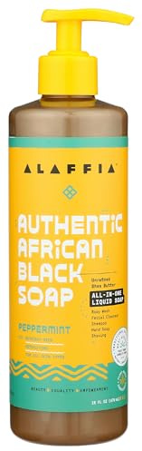 Alaffia - Authentic African Black Soap, All-in-One Body Wash, Shampoo, and Shaving Soap For All Skin and Hair Types, Fair Trade, No Parabens, Non-GMO, No SLS, Peppermint, 16 Ounce