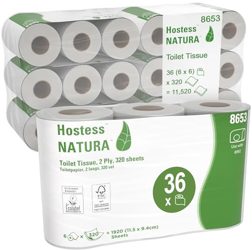 Hostess NATURA Standard Roll Toilet Tissue 8653 - 2 Ply Toilet Paper - 6 Packs of 6 Toilet Rolls x 320 White Toilet Tissue Sheets (36 Rolls / 11,520 Sheets Total)