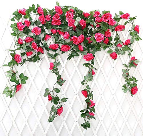 JUSTOYOU 2 Pack 7.2ft Künstliche Fake Rose Girlande Reben Hängende Seide Blumen für Outdoor Indoor Hochzeit Wand Badroom Dekoration (Rose Rot)