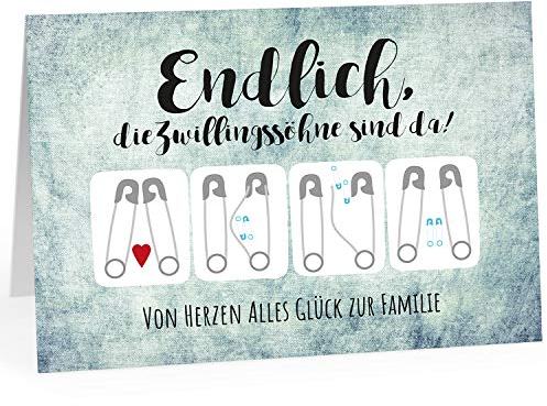 Große XXL Design Geburtskarte zur Geburt/Zwillinge/Klappkarte/mit Umschlag / A4 / Zwillings-Söhne Jungen/Baby geboren/Grußkarte zur Gratulation Eltern