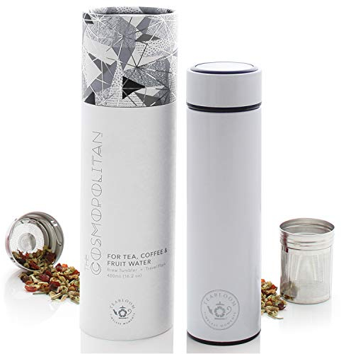 Teabloom All-Purpose Beverage Tumbler / 480 ml/Brushed Metal Insulated Water Bottle/Tea Tumbler/Travel Bottle/Cold Brew Coffee Mug/Extra-Fine Two-Way Infuser/Pearl White