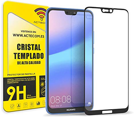 actecom Cristal Templado Completo 5D 9D con Bordes Negro Compatible con Huawei P20 Lite Protector Pantalla