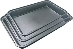 EUROXANTY Bandeja de Horno | Fácil Limpieza | Asados de Carnes y Pescados o lasañas y repostería | Molde Antiadherente | Molde Rectangular de Acero Inoxidable | Set 3 Unidades
