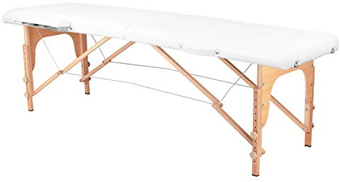 Activeshop Massageliege Klappbar Massagetisch Kosmetikliege Behandlungsliege Massage table Komfort Wood mit 2 Zonen höhenverstellbaren Holz-Füßen und Premium-PU-Leder mit Tragetasche Weiss