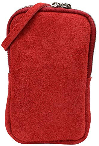 SH Leder Damen Echtleder Handytasche Umhängetasche Geldbörse Multifunktion Beutel Mini Bote Abnehmbar Verstellbar Schultergurt Handy bis 6,8 Zoll 11x18cm Jana G269 (Rot Wildleder)