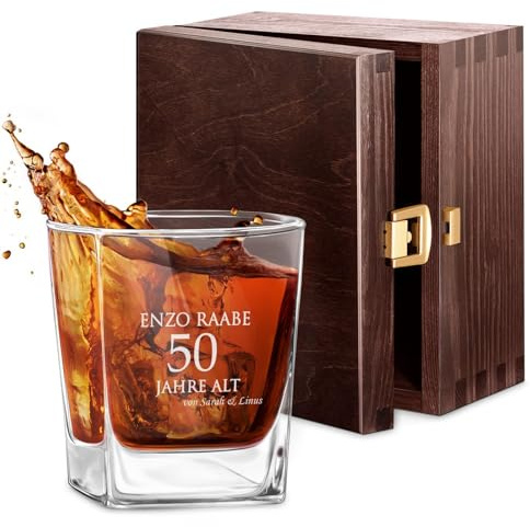Maverton Whisky Glas, 250 ml, Whiskyglas mit Gravur, mit Namen und Datum | Personalisierte Geschenke für Männer, Geburtstagsgeschenk für Männer, für Cognac, Bourbon, Whisky Geschenk