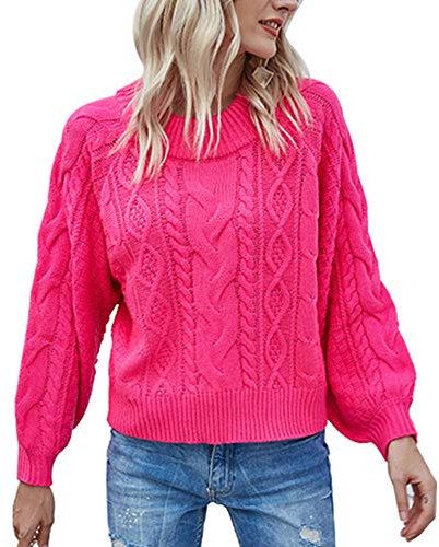 HONGBI Donna Maglione Pullover a Trecce di Girocollo Maglioni Allentato Caldi Maniche Lunghe Maglione Cable Knit Maglia Eleganti Top Rosa Fluo XL