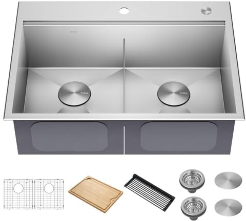 KRAUS Kore 30-Inch Drop In/Top Mount Workstation 16 Gauge 50/50 Double Bowl Stainless Steel Kitchen Sink with Accessories, KWT302-30
