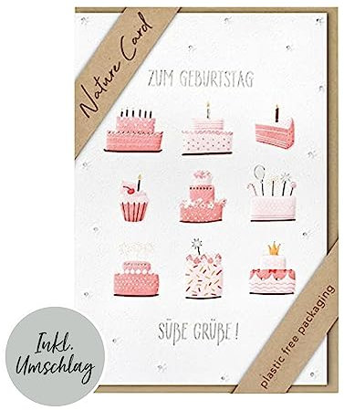 bsb - Karte zum Geburtstag - Nature Card - Nachhaltige Karten zum Geburtstag - Geburtstagskarten mit Umschlag - Geburtstagskarte Frauen & Männer - Glückwunschkarte 11,5 x 17 cm - Torten Motiv