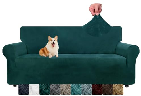 CHELZEN Fundas de Sofá de Terciopelo, Cubiertas de Sofá elásticas, 3 plazas, para Mascotas, para Perros, Protector de Muebles para Sala de Estar (3 Plaza, Verde Negruzco)