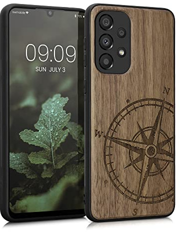 kwmobile Hülle kompatibel mit Samsung Galaxy A33 5G Hülle - Holz Case - Handy Cover - TPU Handyhülle in Dunkelbraun Kompass Vintage