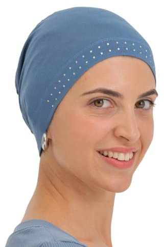Deresina Headwear Verzierte Schadelkappe bei Haarausfall, Bambus Chemo Kopfbedeckung für Damen, Schlafmütze, Mützen, Bonnet Haube für unter Hut, Turban oder Kopftücher (Caroline Blue)