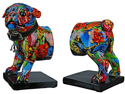 Casablanca Deko 1 Paar Buchstützen CD Ständer - Tierfigur Mops Hundefigur mit Halsband Glocke - Design: Street Art Graffiti Rosen - Mehrfarbig Gesamtlänge 22,5 cm