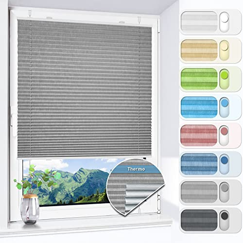 HOMEDEMO Plissee ohne Bohren verdunkelung, Thermo Plisseerollo Klemmfix, Hellgrau 40x90cm(BxH) Verdunklungsplissee 100% lichtundurchlässig für Fenster, Blickdicht Sichtschutz Sonnenschutz