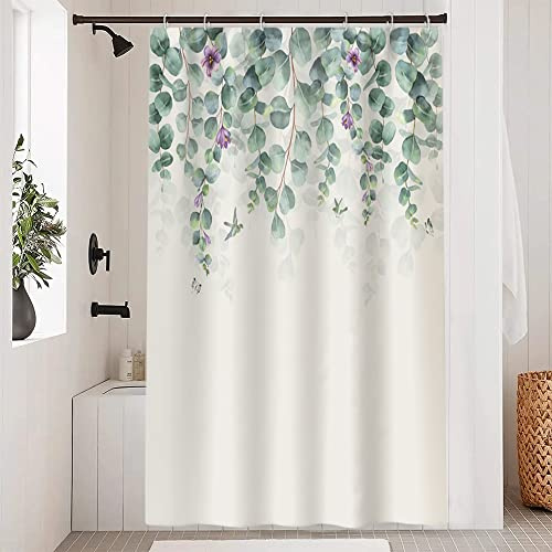 Rideau Douche Anti Moisissure, Uiiooazy Rideau de Douche 150x180cm Feuilles Vert Eucalyptus Fleur Violet Rideaux de Baignoire Tissu Lavable Imperméable Polyester Rideaux Salle de Bain avec 10 Crochets