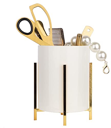 LOUIE SILNA Stiftehalter, Keramik mit Metall Stifteköcher,Schminktisch organizer, Rund Stiftehalter Schreibtisch, Stiftebecher Stifte Halter für Büro/heim, Stifte Aufbewahrung(15CM * 10CM)
