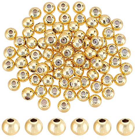 BENECREAT 80 Stück Echte 18K Vergoldete Runde Messingperlen, 4x3 mm Goldene Stopperperlen Schiebeperlen Mit Gummi Innen Für Halsketten, Armbänder Und Schmuckherstellung, Bohrung: 1 mm