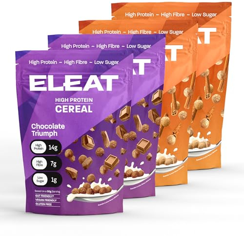 ELEAT | High Protein Cereal | Chocolate & Cinnamon Variety Pack | Low Sugar Cereals | High Fibre Cereal | Supports Your Gut Health | 4 x 250g Variety Pack