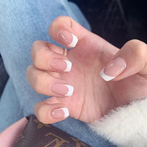 Kyzy French False Nails, 24 Pcs White Tip Short Jelly Glue Press-on Square Nails, Removable Perfect for Women's Nail Art Accessories