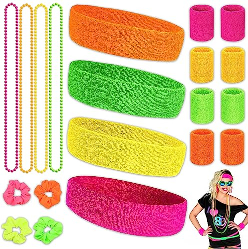 BNGXR Neon Schweißbänder Set, 20 StüCk 80er Jahre Retro Stirnband Schweissband Sport Stirnband Bunt Sweatband Herren Damen Sport Armband Pink GrüN Orange Gelb Armband Set für Retro Party