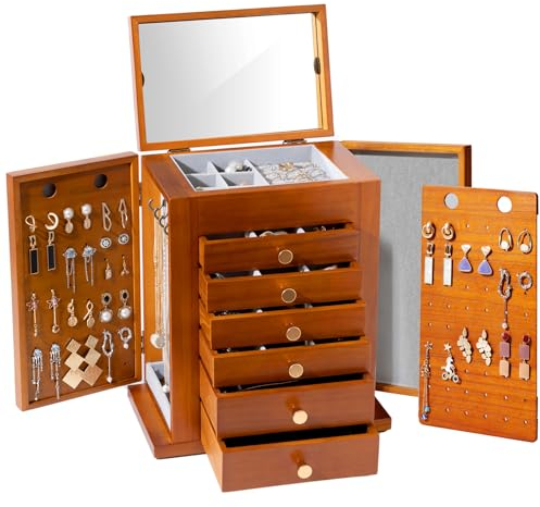 ProCase Schmuckkästchen Schmuckaufbewahrung Groß Holz Schmuckschatulle mit 7 Ebenen Schmuckkasten Schmuckbox Schmuck Organizer mit Spiegel, Schubladen für Ringe, Ohrringe -Braun