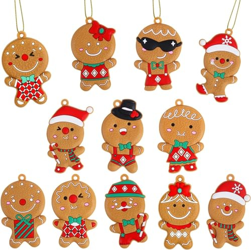 DERAYEE 12 Pezzi Ornamento Pan Zenzero Natale,Ciondoli di Gingerbread,Addobbi Albero di Natale,Appendere per Albero Decorazioni Festa la Casa
