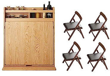 LSHTAR Drop-Leaf Table with 4 Chairs, 5-Peice Wood Dining Breakfast Table Set with Storage Rack, Space Saving for Small Apartments