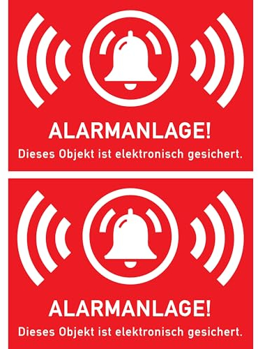 Aufkleber Set ALARMANLAGE! Dieses Objekt ist elektronisch gesichert., 2 Stück, 5 x 3,5 cm, selbstklebende Folie, außenklebend, Warnhinweis Sticker Innen- und Außenbereich, Alarm Anlage Klebesticker