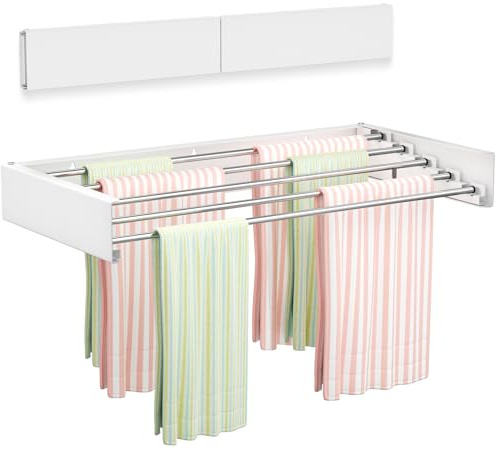Vikaqi Wall Mounted Clothes Drying Rack 23.6, Foldable Wall Mount Laundry Rack Folding Indoor, Drying Rack Clothing Collapsible, Hidden Space Saver with Wall Template, 5 Rods, White