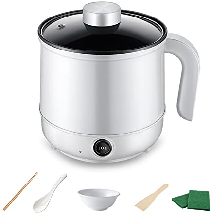 MENAYODA Olla eléctrica de 1,7 L, olla eléctrica con vapor, olla antiadherente multifuncional portátil para freír, carne, pasta, ramen, dormitorio (blanco)