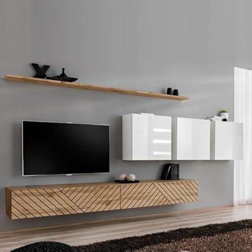 Paris Prix Ensemble Meuble TV Switch Lamel VII 340cm Naturel & Blanc