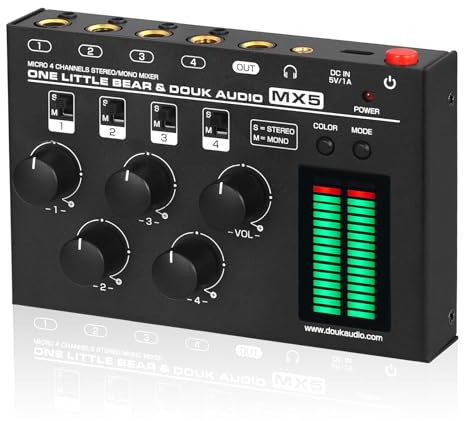 Douk Audio MX5 - Mixer audio mono/stereo a 4 canali ultra silenzioso, a LED