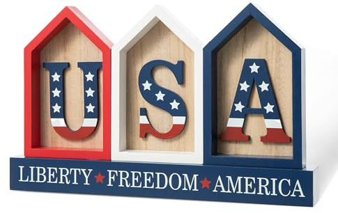 Glitzhome Patriotische Dekorationen, 20,3 cm hoch, Bauernhaus, USA, Holzschilder, Hausform, Tischdekoration, Liberty Freedom America, Holz-Tischschilder, Plaketten, 4. Juli, Unabhängigkeitstag für die