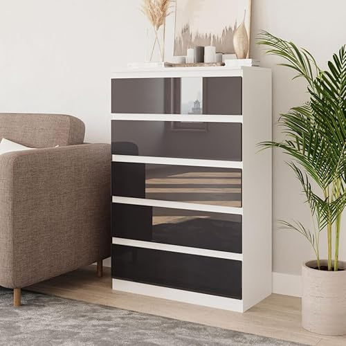 URBNLIVING Hochglanz-Nachtkommode – 109 cm hoch, 5 Schubladen, Schlafzimmerschrank mit glatter Metallschiene, moderne Kommode, Nachttisch für Schlafzimmer, Wohnzimmer, Büro, Flur