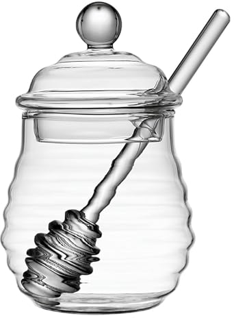 Pyuyan Pot de Miel Transparent, Récipient à Miel en Verre, Pot Miel avec Couvercle Verre, Pot Miel en Verre, Transparent Pot de Sirop Verre, pour le Stockage et la Distribution de Miel et de Sirop