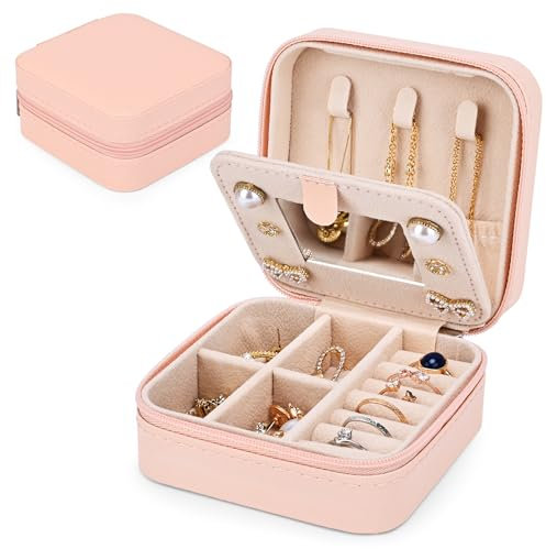 Tatotoya Mini Portable Jewellery Box,Small Jewellery Box with Mirror,Travel Jewellery Storage,Jewelry Boxes for Women,Gift for Wife,Daughter,Mother,Girls- Pink