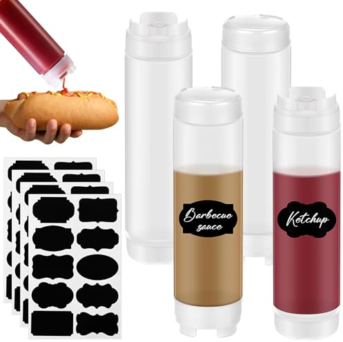 Didaey 4 Pcs 24 oz Inverted Plastic Squeeze Bottles, Refillable Tip Large Valve Dispenser Condiment Squeeze Bottle for Sauces Ketchup Sour Cream Self Sealing Syrup Dispenser for Restaurants