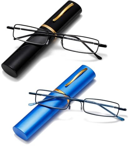 Viseng 2er Pack Mini Metall Lesebrille Schmale Ultraleichte Anti Blaulicht Lesebrille mit MetallEtui Stiftetui für Damen Herren 3.0