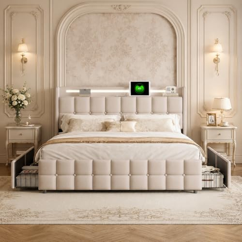 KeepGoon Doppelbett 160x200,Stauraumbett,Betten mit LED-Beleuchtung und 4 Schubladen, Polsterbett mit Stauraum, Jugendbett mit Aufladen USB Ladefunktion Kopfteil,Lattenrost aus Holz(Beige)