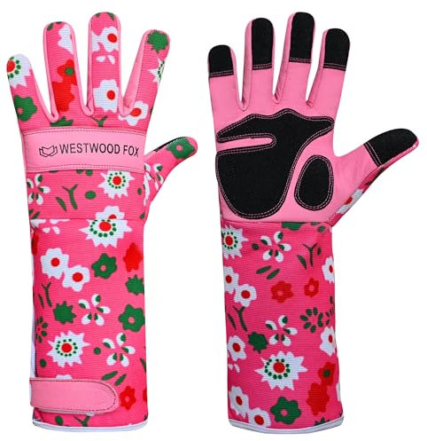 WESTWOOD FOX Leder Gartenhandschuhe Lange Unterarmschutz Ärmel dornsichere Arbeitshandschuhe Rose Beschneiden Garten Sicherheit Atmungsaktiv Langlebig Dicke Handflächenhandschuh (Rosa, XL)