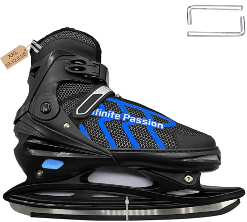 PJIRBZGG XX-Large (10-12.5 US) Mens Ice Skates, Adults Youth Adjustable Ice Skate, Warm and Breathable Ice Hockey Skates with Quick Lacing System & Push-Lock Buckle for Secure Hold,Black Blue
