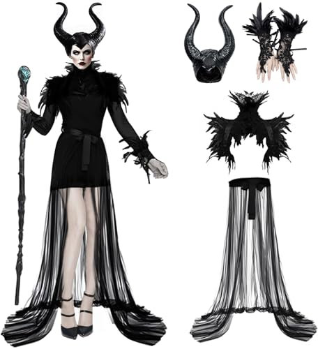 AOLIUP Maleficent Kostüm Damen: Böse Königin Kleid mit Hörner Gothic Federumhang Feder Manschette und Tüllrock für Halloween Karneval Fasching Verkleidung Cosplay Party Outfits