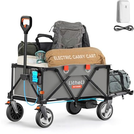Litheli Carrello elettrico pieghevole, pieghevole, con freni, portata 200 l, 60 kg, adatto per campeggio, giardino, spiaggia, shopping (grigio, 1 batteria)