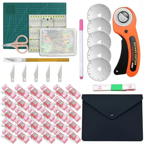 Rollschneider Stoffschneider Set Schneidematte im A4 Schneidematte inkl. 45mm Ersatzklingen, Schneideunterlage, Stoffklammern, Patchwork-Lineal ideal zum Basteln Nähen