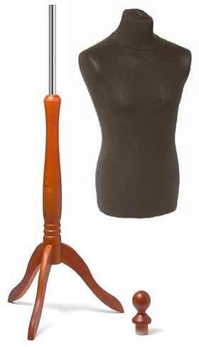 fella4stores Basic Herrenbüste Größe EU 50 (M), vollgeformte Schneiderpuppe, Schaufensterfigur & Mannequin aus PU-Schaum mit Überzug und Holz-Dreibein P5 Mahagonibraun, Schwarz