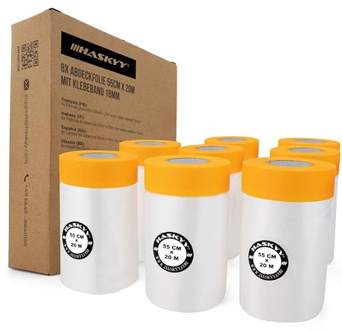 HASKYY Malerkrepp Abdeckfolie Klebeband Lackschutzfolie 55cm x 20m Malerfolie Kombiniertes Goldband, 8 Rollen, Innen- und Außenanstriche, UV-Schutz, scharfe Farbkanten, Selbstklebende Malerfolie