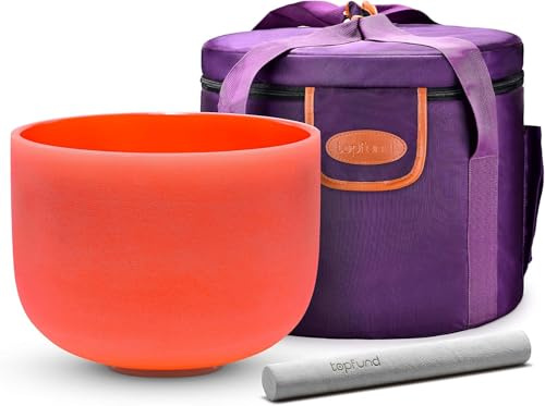 TOPFUND Orange D Note Crystal Singing Bowl Sacral Chakra 8 Inch with Heavy Duty Carrying Case and Suede Mallet